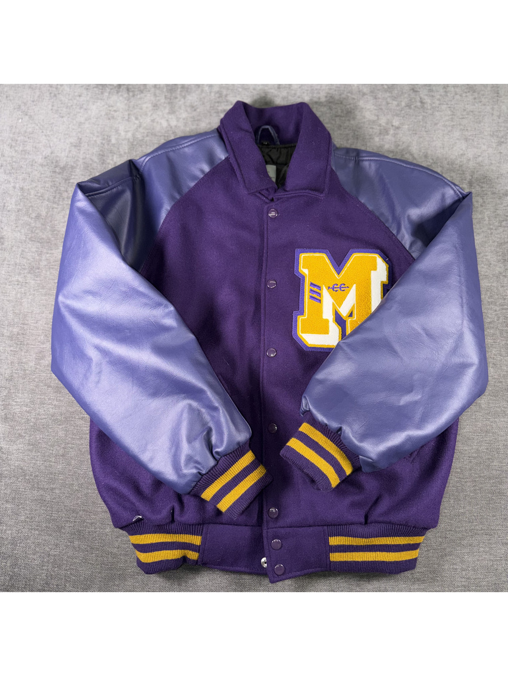 Vintage Purple Wool Varsity Letterman Jacket with Leather Sleeves, Medium